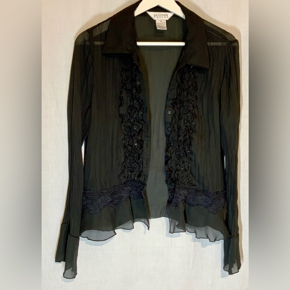 ALLISON TAYLOR - STUNNING Sheer Blouse RUFFLES LACE Button-down Sz M - BLACK - Picture 10 of 10